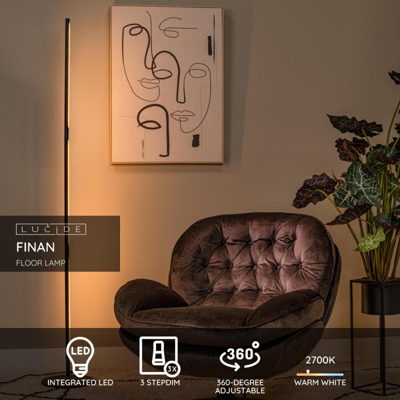 Lucide FINAN - Stojacia lampa - LED Dim.K/2700K - 3 StepDim - Čierna